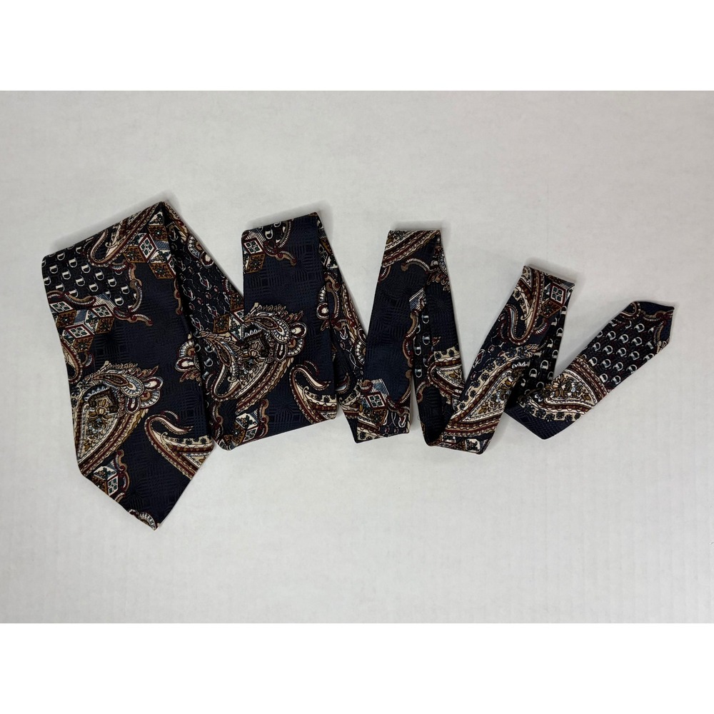 Izod Mens Silk Necktie Navy Blue Paisley Geometric Foulard Print Made in USA - Picture 9 of 9